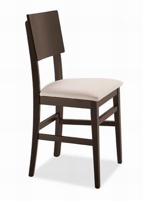 SEDIA MOKA  Sedia in faggio tinto wengè. Il sedile può essere rivestito, come da foto, in cotone ecrù oppure in similpelle testa di moro .